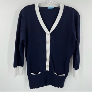 J McLaughlin M 3/4 Sleeve Cardigan Sweater Navy White Trim